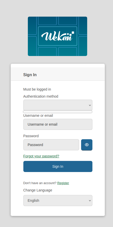 Wekanin kirjautumisruutu. "Authentication method" -valikko on tyhjä.