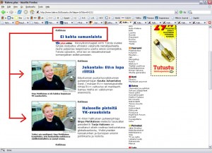 Kuvakaappaus Kaleva.plus-sivustosta Mozilla Firefoxissa. Otsikon "Ei kahta samanlaista" alla on kaksi kertaa sama kuva Sirpa Pietikäisestä.