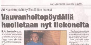 Lehtileike Suur-Jyväskylän lehdestä 31.8.2005: Vauvanpöydällä huolletaan nyt tiekoneita