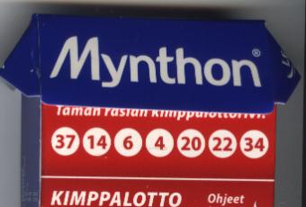 Mynthon-rasia, jossa kannen alla numerot 4, 6, 14, 20, 22, 34, 37