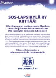 Mynthon-logolla varustettu arkki: "SOS-lapsikylä ry kiittää!"