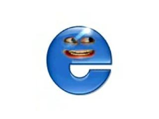 IE:n e-logo, jolla silmät, suu ja idioottimainen ilme