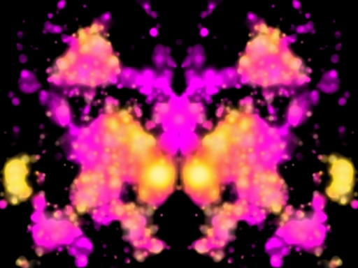 Symmetrinen, violettikeltainen musteläiskä mustalla taustalla