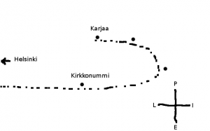 Unikartta: Kirkkonummi ja Karjaa (ja kaksi nimeämätöntä paikkaa) radanvarressa. Lännessä Helsinkiin osoittava nuoli.