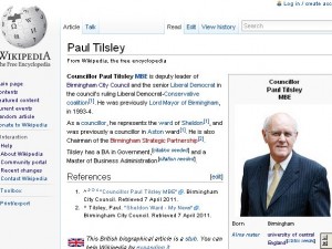 Wikipedia-artikkeli, jonka kuvituksena Birminghamin kaupunginvaltuuston avoimella lisenssillä julkaisema kuva