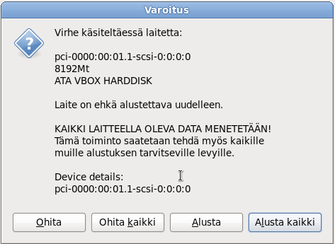 Screenshot from Fedora 14's installer: "Virhe käsiteltäessä laitetta"