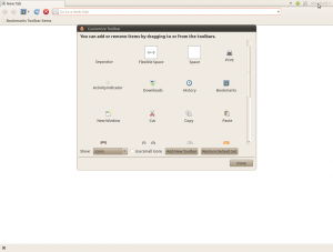 Screenshot: Minefield's Toolbar Customization open. Menu button can't be moved.